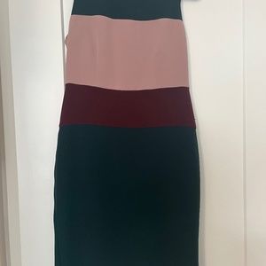 Green, burgundy, and pink sleeveless midi dress